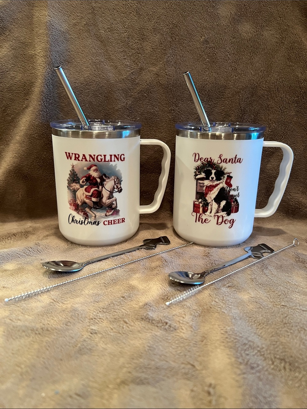 White Christmas Themed Coffee Mug with Lid & Straw - Set of 2- Never Used